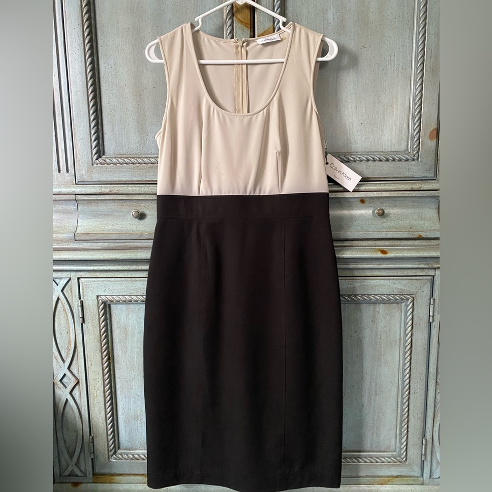 Calvin Klein sleeveless dress; ecru top, black bottom